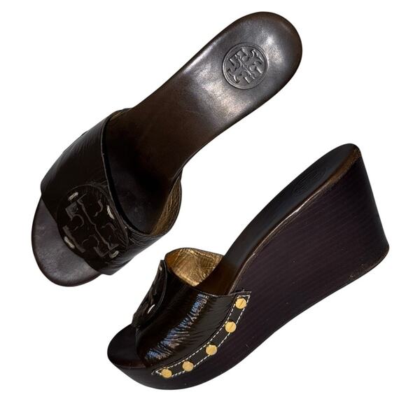 Tory Burch Patti Brown Patent Leather Logo Mules Gold Hardware Size 9.5